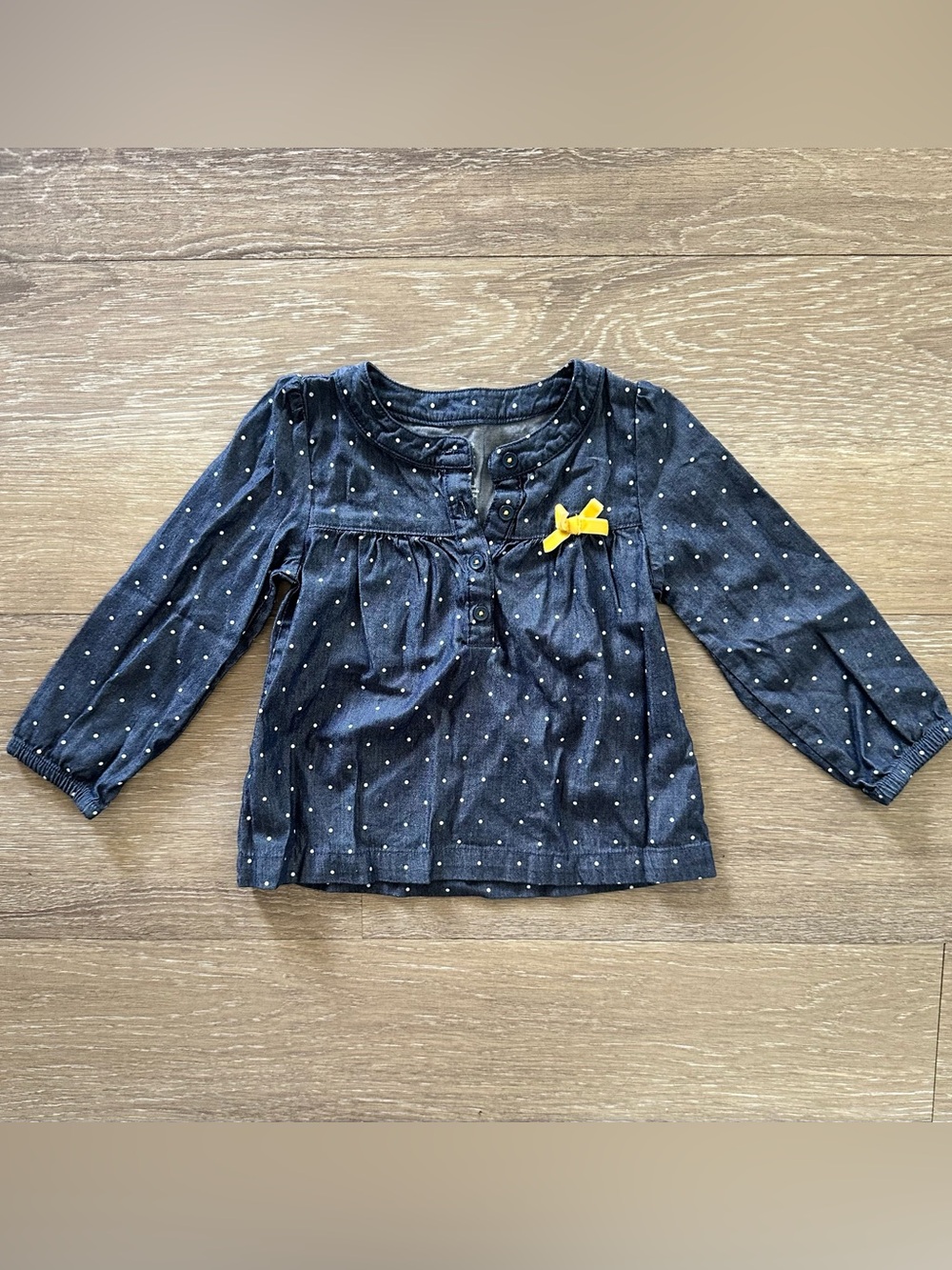 Toddler Girl Navy Polka Dot Long-Sleeve Top with Yellow Bow
